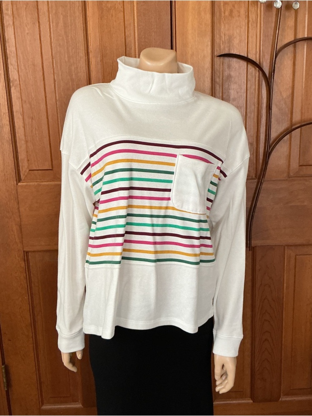 croft & barrow Cream funnel collar tunic sweatshirt with Stripe